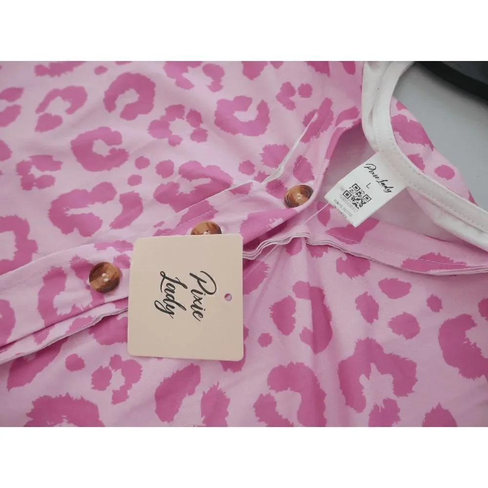 Pink Leopard Button-Front Tank Top L - Picture 7 of 7
